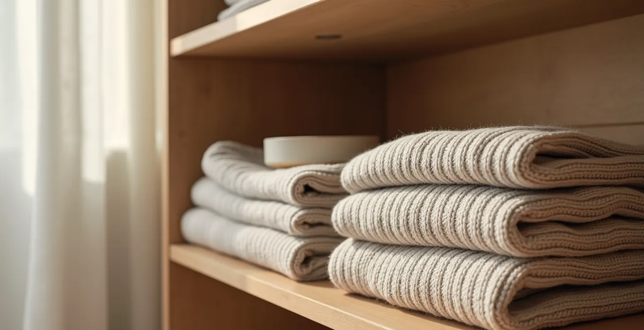 Composition visuelle d’une garde-robe minimaliste avec plusieurs pulls français, accessoires sobres et élégants