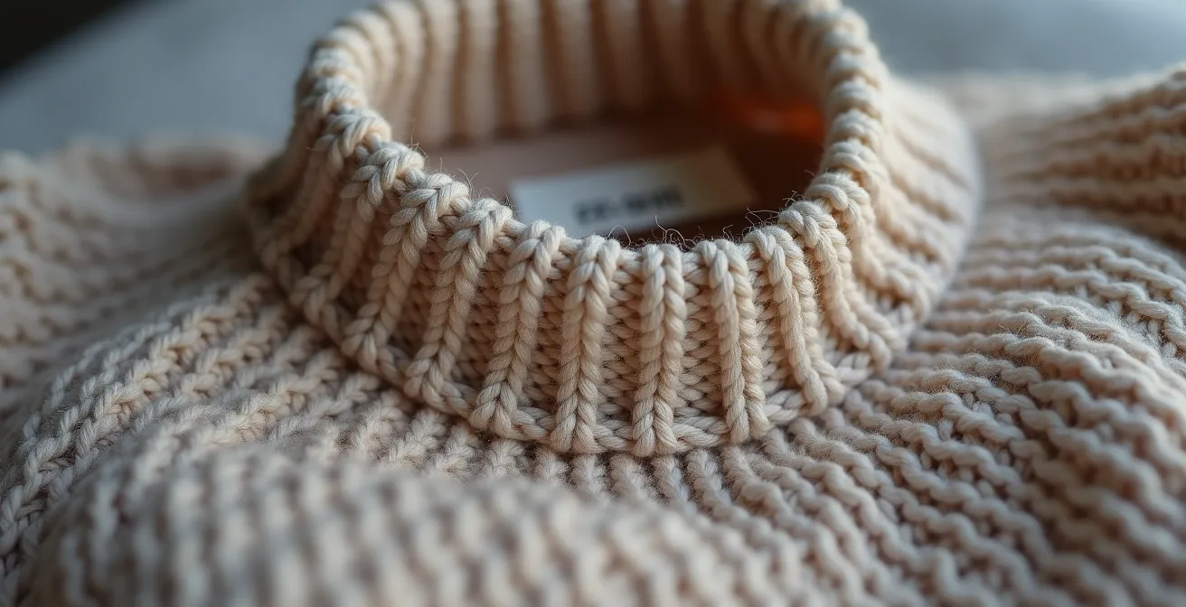 Détail en gros plan sur une finition parfaite du col et des poignets d’un pull en tricot français
