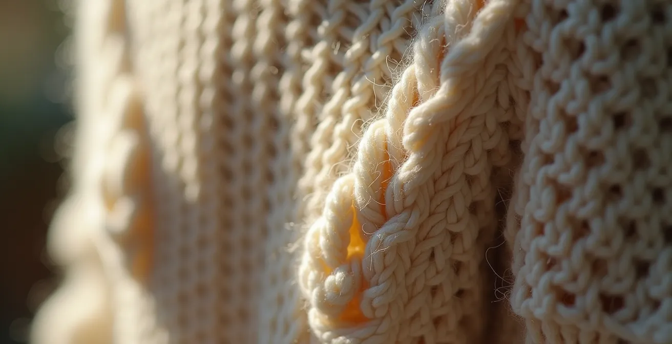 Gros plan sur la fibre et le maillage serré d’un pull en laine mérinos française