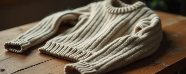 Photographie réaliste d'un pull en laine mérinos français posé sur une table en bois rustique, avec un éclairage cinématographique doux mettant en valeur la texture fine et le tricotage serré, représentant l'artisanat français traditionnel et le confort durable