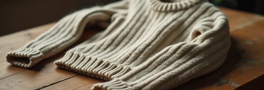 Photographie réaliste d'un pull en laine mérinos français posé sur une table en bois rustique, avec un éclairage cinématographique doux mettant en valeur la texture fine et le tricotage serré, représentant l'artisanat français traditionnel et le confort durable