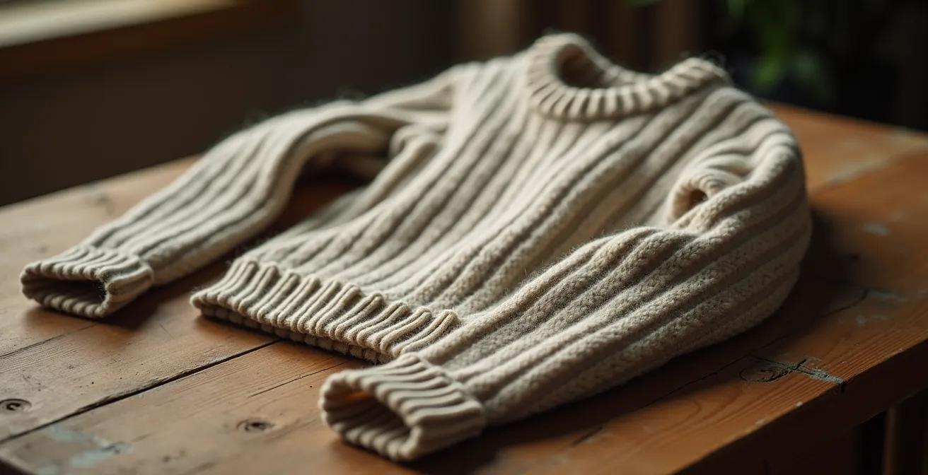 Photographie réaliste d'un pull en laine mérinos français posé sur une table en bois rustique, avec un éclairage cinématographique doux mettant en valeur la texture fine et le tricotage serré, représentant l'artisanat français traditionnel et le confort durable